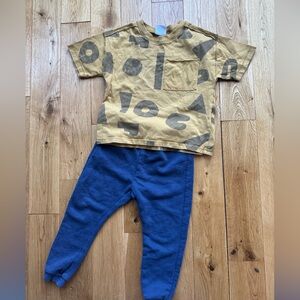 Zara Kids Toddler Boy 2-3 Outfit Mustard Geometric T-Shirt Blue Joggers Sweats